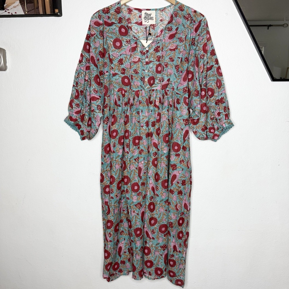New River Goddess Bliss Soma Hawa Floral Bird Midi Dress Women's Medium/Large
